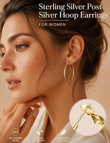 5 Pairs 925 Sterling Silver Post Hoop Earrings for Women, Hoop Earring Set | Small Medium Large Hoop Earrings,12-60mm Sizes,14K Gold Plated & Silver Hoops,Lightweight Stackable Earrings, Hypoallergenic thumbnail 3