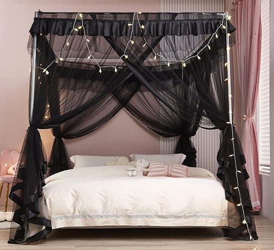 Mengersi 4 Corner Post Bed Canopy Bed Curtains Mosquito Net Bedroom Decoration Accessories (Twin, Black) thumbnail 7