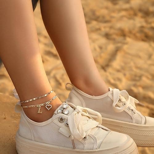 Wremily Initial Ankle Bracelets for Women Waterproof 14K Gold Plated Dainty Layered Figaro Chain Letter Initial CZ Heart Ankle Bracelets Set Summer Beach Jewelry for Women thumbnail 5