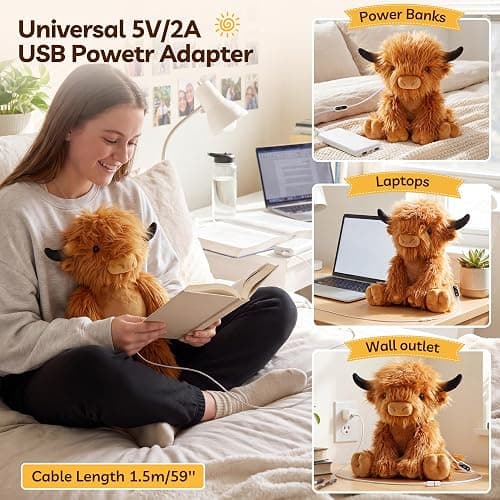 HOTHUGZ Electric Heated Highland Cow Plush, USB Heating Pad Stuffed Animal with Auto Shut-Off, Soft Warm Plush for Stomach, Belly, Back, Neck, Unscented Gift for Women Girls thumbnail 5