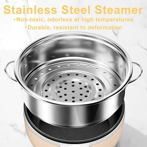 Dezin Hot Pot Electric with Steamer Upgraded, Non-Stick Sauté Pan, Rapid Noodles Electric Pot, 1.5L Mini Pot for Steak, Egg, Fried Rice, Ramen, Oatmeal, Soup with Power Adjustment thumbnail 3