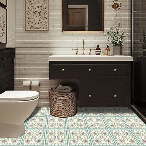 HOMETITUTE Teal Border Fig Floral Peel and Stick Tile Art Deco,12"x12" | Vinyl, Self Adhesive Vinyl Floor Tiles, Self Adhesive Decals Removable Flooring Stickers; kitchen,bathroom,entryway thumbnail 4