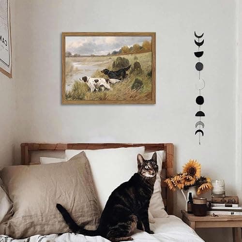 Wood Framed Vintage Dog Wall Art, Retro Country Hunting Dog Animal Canvas Wall Decor Paintings, Antique Rustic Farmhouse River Landscape Posters Prints Pictures for Living Room Gallery 16x24 Inch thumbnail 5