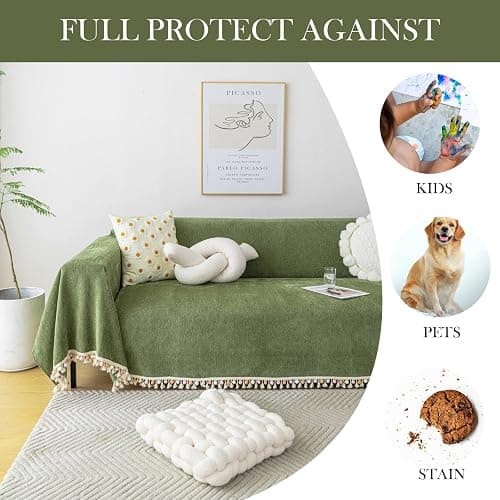 HANDONTIME Green Sofa Cover Vintage Couch Cover for Dogs 71" X118" Couch Cushion Covers with Tassel Herringbone Sofa Cover Boho Sofa Covers for 3 Cushion Couch Chenille Soft Loveseat Sofa Covers thumbnail 4