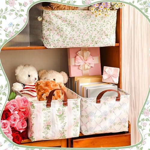 Boao 3 Pcs Blue Hydrangea Storage Bin Fresh Style Floral Collapsible Large Storage Baskets for Gifts Canvas Laundry Basket Foldable Box with Handle for Office Home Bedroom Clothes thumbnail 2