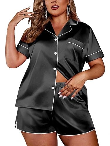 Ekouaer Womens Silk Satin Pajamas Set Short Sleeve Sleepwear Button Down Loungewear 2 Piece Pjs Shorts Set S-5X Plus Size thumbnail 2