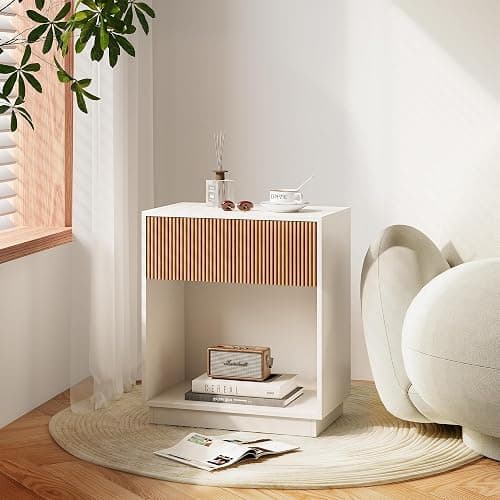 Fluted Nightstands Set of 2, Modern Bedside Table with Drawer and Storage Shelf, Wood End Table Mid Century Night Stands for Bedroom Living Room Sofa Couch Office (White+Oak) thumbnail 7