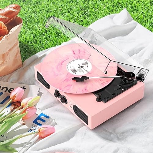 Vinyl Record Player with Built-in Speakers 3-Speed Vintage Record Player Support Treble& Bass Control, 3.5mm Headphone Jack, RCA-Out/Aux in, Belt-Driven LP Turntable,Pink thumbnail 6