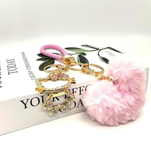 Bling Keychain for Women，Kawaii Heart Pom Pom Keychain， Versatile Accessory for Backpacks, Handbags, and Car Keys thumbnail 4