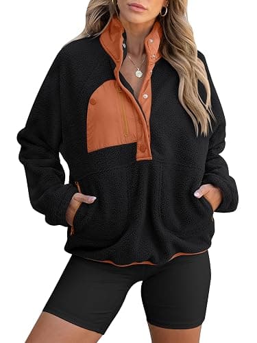 ANRABESS Women Fuzzy Fleece Pullover Sherpa Sweatshirt Long Sleeve Button Down Warm Soft Color Block Jackets with Pockets - Image 1