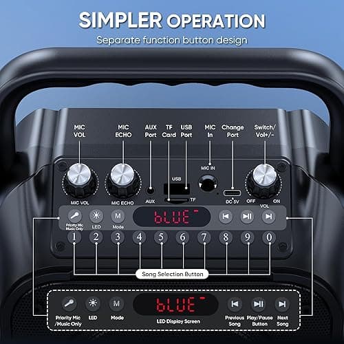 Karaoke Machine, Portable Bluetooth Speaker with 2 Wireless Microphones for Adults & Kids with Lights, Karaoke Microphone with PA System Supports USB/TF/REC/FM/AUX for Home Party thumbnail 5