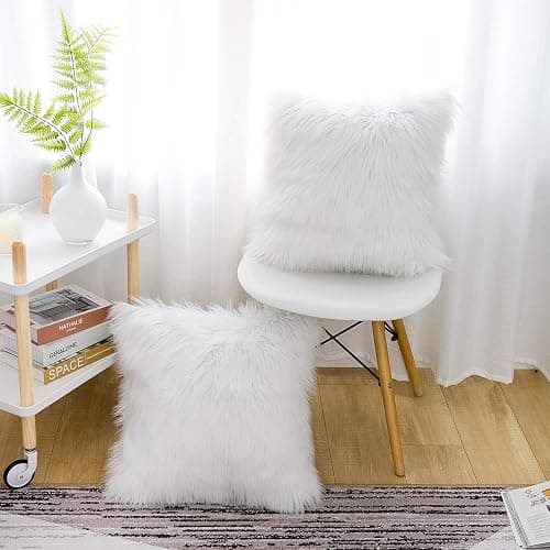 WLNUI Set of 2 White Christmas Decorative Fluffy Pillow Covers New Luxury Series Merino Style Faux Fur Throw Pillow Covers Square Fuzzy Cushion Case for Sofa Bedroom Living Room Home Decor 18x18 Inch thumbnail 4