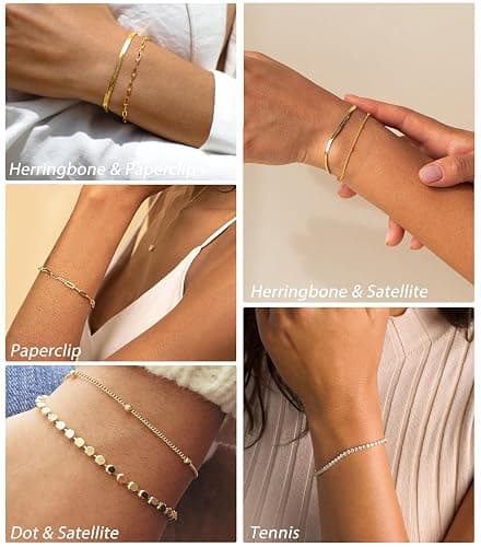 DEARMAY Waterproof Gold Bracelets Set for Women Trendy, Dainty 14K Real Gold Plated Jewelry Fashion Stackable Tennis Beaded Figaro Herringbone Paperclip Link Bracelet Pack Stack Gifts for Women - 6Pcs Gold Bracelets C thumbnail 7