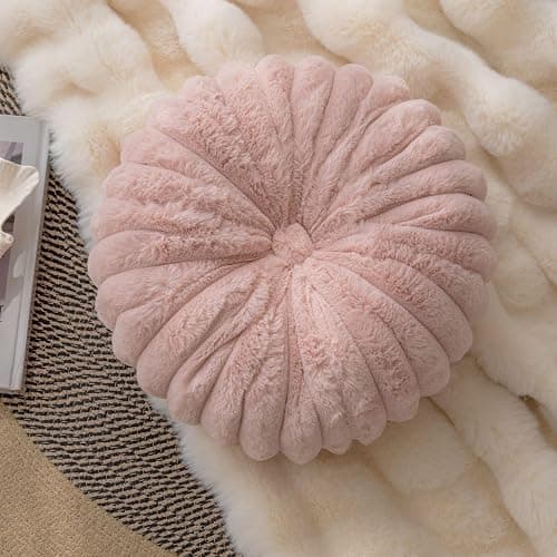 vctops Round Throw Pillow Soft Faux Fur Decorative Pillow Small Pumpkin Throw Pillow Cushion for Living Room Sofa Bed (Pink,13.7" Diameter) - Image 1