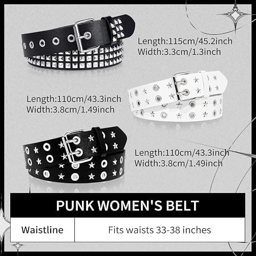 WQYILEAER 3 Pcs Black Studded Belt, Y2K Belt Star Goth EMO Punk Rock Double Grommet with Bright Pyramid Studded for Women Men (Studded Grommet) thumbnail 2