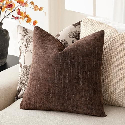 Foindtower Pack of 2 Soft Textured Chenille Throw Decorative Pillow Covers Square Accent Solid Cushion Cover Cozy Neutral Farmhouse Pillow Case for Couch Sofa Bedroom Living Room 18x18 Inch,Red Brown thumbnail 2
