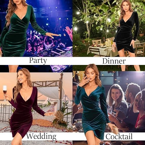 CheChury Robe Femme Hiver Courte Velours Robe Moulante à Manches Longues Col en V Robe De Soiree Femme Vintage Chaud Chic Sexy Robe thumbnail 6