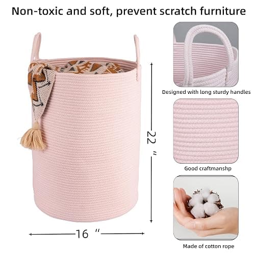 XUANGUO Cotton Rope Laundry Basket Hamper for Clothes Woven Storage Basket for Living Room Bedroom Boho Tall Rope Baskets for Blanket Toys Pillow Towels Baby Nursery Hamper Bin Large light pink thumbnail 3