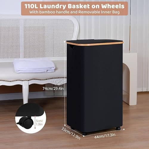 iEGrow 110L Laundry Basket with Wheels,Clothes Hamper for Laundry,Laundry Hamper with Lid and Inner Bag, for Laundry Room, Bedroom, Dormitory Storage,Black thumbnail 2