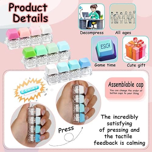 3 PCS Keyboard Fidget Toy, Keyboard Fidget Keychain 4-in-1 Keyboard Decompression Button Finger Clicker Toys, Button Stress Relief Fidget Valentines Gifts Stuffers for Kids Women(Blue Pink Green) thumbnail 5