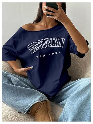 RoseSeek Women's Oversized Off Shoulder Graphic Tees Short Sleeve Bow Letter Print T Shirts Y2K Tops thumbnail 3