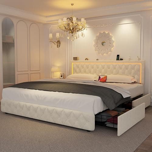 VOHOBY King Bed Frame with 4 Storage Drawers, Velvet Upholstered Bed Frame King Size with Charging Station and LED Lights, 46" Adjustable Button Tufted Headboard, No Box Spring Needed, Beige thumbnail 9