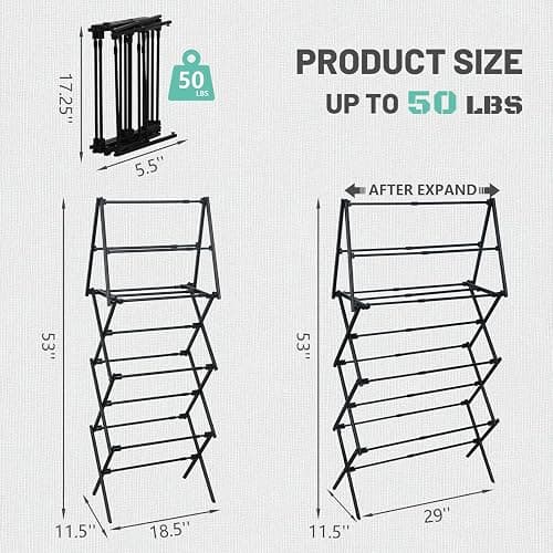 ZOES HOMEWARE 4 Tier Clothes Drying Rack Foldable | Foldable Clothing Drying Rack | Laundry Drying Rack Collapsible for Laundry Room, Dorm, Expandable Sturdy Metal Design | Black 29"L x 11.5"W x 53"H thumbnail 2