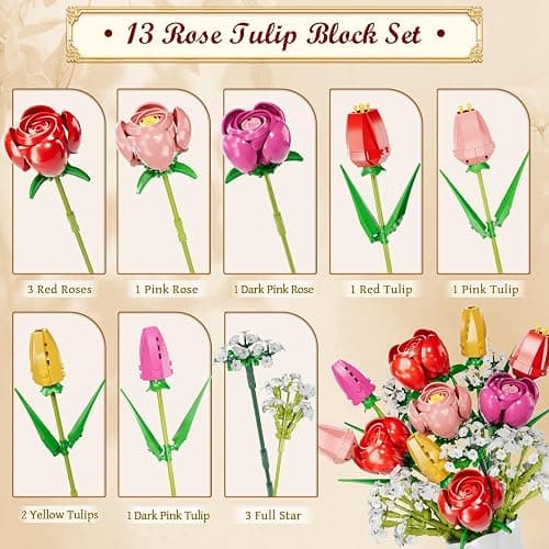 Rose Tulips Flowers Building Blocks Bouquet Set, Red Rose Artificial Flowers for Office or Home Decoration, Valentine's Day, Mother's Day, for Women, Adults, Kids, Girls, No Vase thumbnail 3