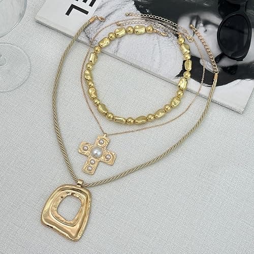 Layered Gold Chunky Cross Necklace For Women Stacked Gold Irregular Geometric Square Pendant Necklace Unique Punk Hip-Hop Oval Hollowed-Out Chain Necklace Fashion Accessories Creative Jewelry For Women thumbnail 7