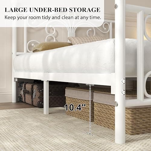 LoVinson Queen Bed Frame, Metal Platform Bed with Butterfly Pattern Design Headboard & Footboard, Heavy Duty Metal Slats, Easy Assembly, No Box Spring Needed, White thumbnail 5