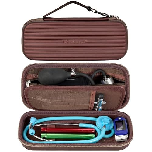 Againmore Stethoscope Case for 3M Littmann Classic III and BP Cuff-Brown | Also Fits Paramed, for FriCARE and for Scienlodic; Layered Pockets Organize Medical Tools, Case Only - Image 1