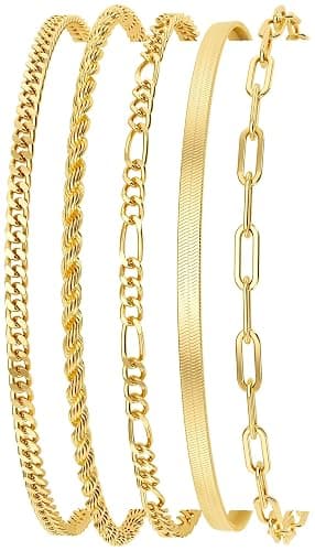 Dearmay Gold Bracelets for Women Waterproof, 14K Gold Plated Minimalist Bracelets Stack Non Tarnish Trendy Dainty Herringbone Vintage Cuban Paperclip Rope Thin Box Link Chain Stackable Jewelry Sets Modern Fashion Accessories Gifts for Womens thumbnail 9