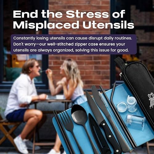 Taplord Portable Travel Silverware Set With Case, Includes 10 Pcs of Travel Utensils With Case, Stainless Steel Flatware Set For Camping, Lightweight (Black) thumbnail 5