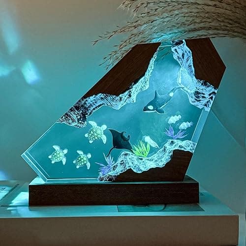 Orca Ocean Resin Lamp, Handmade Wooden Table Resin Night Light, USB Port Art Ornaments for Home Office Decor, Scuba Diver Gifts for Holiday, Unique Birthday Gifts for Mom Grandma Brother Sister thumbnail 8