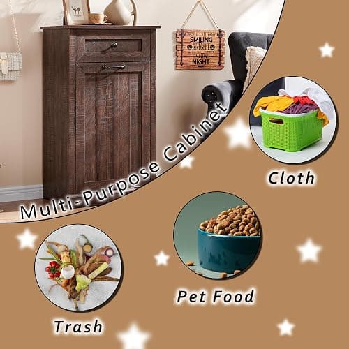 IFGET Tilt Out Trash Can Cabinet, 10 Gallon Farmhouse Laundry Hamper Cabinet with Drawer, Hidden Wooden Trash Garbage Can Bin with Storage Basket for Kitchen, Living Room (Brown) thumbnail 4