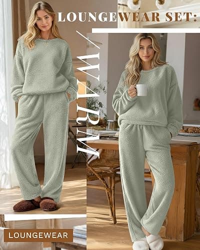 Oakgarden Women's Fuzzy Pajamas Sets Warm Fleece Loungewear Outfit Cozy Long Sleeve Fluffy Pullover Pant Set 2 Piece thumbnail 3