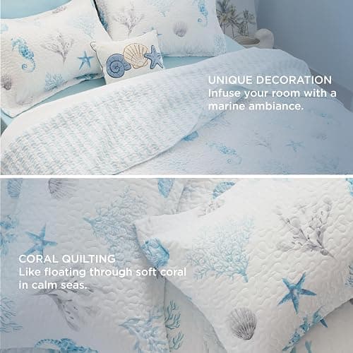 Bedsure Coastal Bedding Quilts Queen Size - Lightweight Summer Comforter Queen Size, Reversible Beach Bedding Nautical Bedspread, Soft Microfiber Blue & White Coverlet for All-Season(90"x96") thumbnail 4