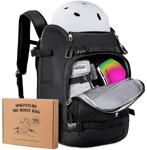 Hikenture Ski Boot Bag Backpack, 50L Padded Ski Bag & Snowboard Boot Bag with Drain Holes, Large Capacity Water-Resistant Ski Travel Bag for Ski Boots, Helmet, Goggles, Clothes, Gloves, Snowboard Gear - Black - Image 1