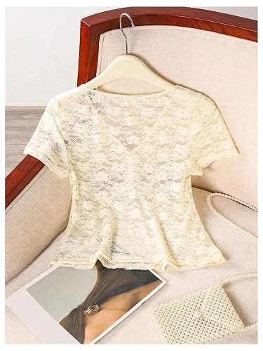 MakeMeChic Women's Floral Lace Sheer V Neck T Shirt Ruched Short Sleeve Going Out Crop Tops thumbnail 2