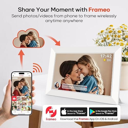 Miroir 10.1 Inch WiFi Digital Photo Frame via Frameo App, 1280x800 HD IPS Touch Screen Electric Picture Frame Display, 32GB Storage, Auto-Rotate, Wall Mountable, Share Photos/Videos Instantly thumbnail 2