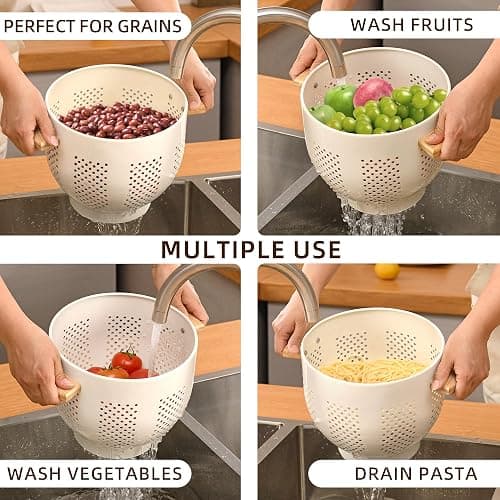Metal Colander with Wood Handle and Stable Base, 5.5 Quart Powder Coated Steel Kitchen Strainer Basket for Draining Pasta, Vegetable and fruit,Cream thumbnail 7