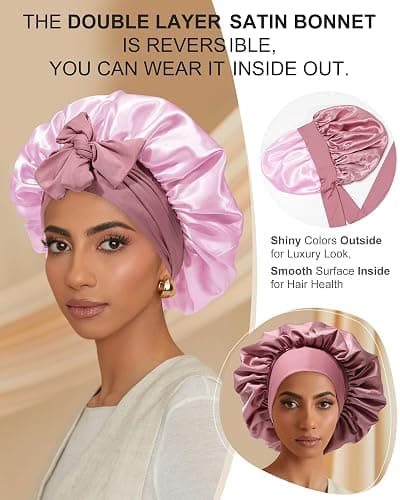 Satin Bonnet for Women Silk Bonnets for Sleeping Curly Hair Bonnet with Elastic Tie Band Reversible Double Layer Sleep Cap Hair Wrap (Bean Paste + Pink) thumbnail 8