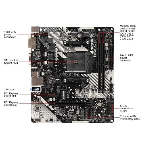 B450M-HDV R4.0 AMD B450 AM4 Socket Ryzen 2000 - 5000 Processors DDR4 3200 64GB HDMI DVI-D D-Sub Motherboard SATA 6Gb/s Micro ATX M.2 thumbnail 3