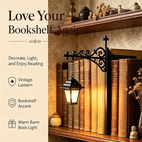 Library Lantern Mini Bookshelf Lamp, Vintage Hanging LED Book Shelf Lights | with Bookend-Style Base,Warm Decorative for Home Library,Study and Reading Corner,Enchanting Gift for Literary Lovers(3 PCS) thumbnail 6