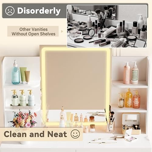 YESHOMY Vanity Desk with Mirror and Lights,35.4" Makeup Vanity with 2 Storgae Drawers, 2 Side Shelves and Open Storage Shelves, 3 Color Modes, for Bedroom, Pure White thumbnail 6