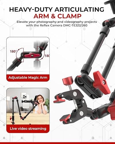 REFLEX CAMERA Metal Articulating 32" Magic Arm with Super Clamp Overhead Camera Mount – 1kg Load Capacity, Boom Arm with 1/4", 3/8" Screws Mounts - Photography, Videography & Streaming - Adjustable thumbnail 5