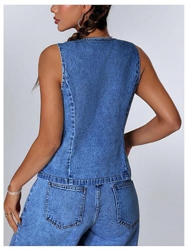 Milumia Women's Tie Bow Front Deep V Neck Denim Vest Sleeveless Jean Jacket thumbnail 2