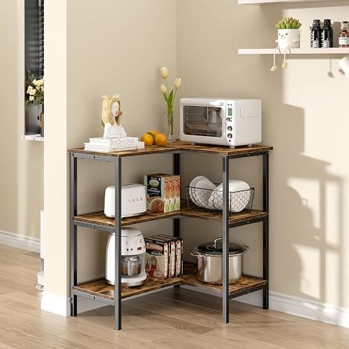 VECELO Corner Cabinet Table with 3 Tier Open Shelf, Multipurpose Display Organizer Storage Stand for Small Space Home Office Kitchen, Brown thumbnail 7