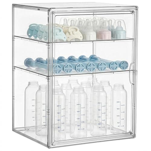 HBlife Baby Bottle Storage Organizer for Countertop Cabinet, 3 Tiers Adjustable Clear Acrylic Bottles Storage Station Case Box Container with 2 Removable Dividers and Magnetic Door, X-Large - Image 1