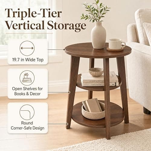 DURISEN 3-Tier Round Side Table,23.6" Tall End Table with Storage Shelves | Modern Nightstand,Wood Plant Stand for Living Room Bedroom Small Spaces Corner Display Rack Balcony Garden Patio (Black) thumbnail 3